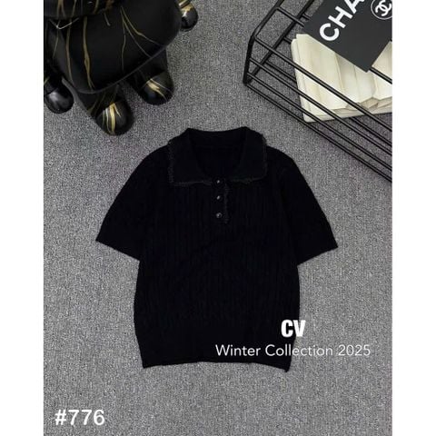 LEN5647 - ÁO LEN TAY NGẮN PHỐI CỔ VIỀN REN 50824 - MÀU ĐEN