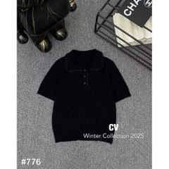 LEN5647 - ÁO LEN TAY NGẮN PHỐI CỔ VIỀN REN 50824 - MÀU ĐEN