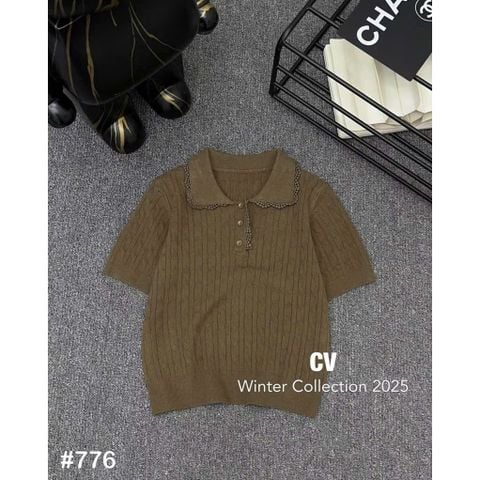 LEN5646 - ÁO LEN TAY NGẮN PHỐI CỔ VIỀN REN 50824 - MÀU NÂU