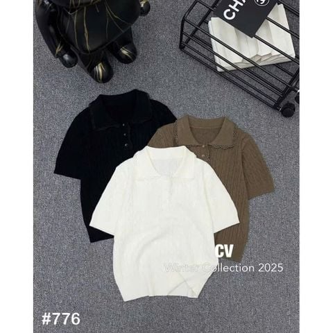 LEN5646 - ÁO LEN TAY NGẮN PHỐI CỔ VIỀN REN 50824 - MÀU NÂU