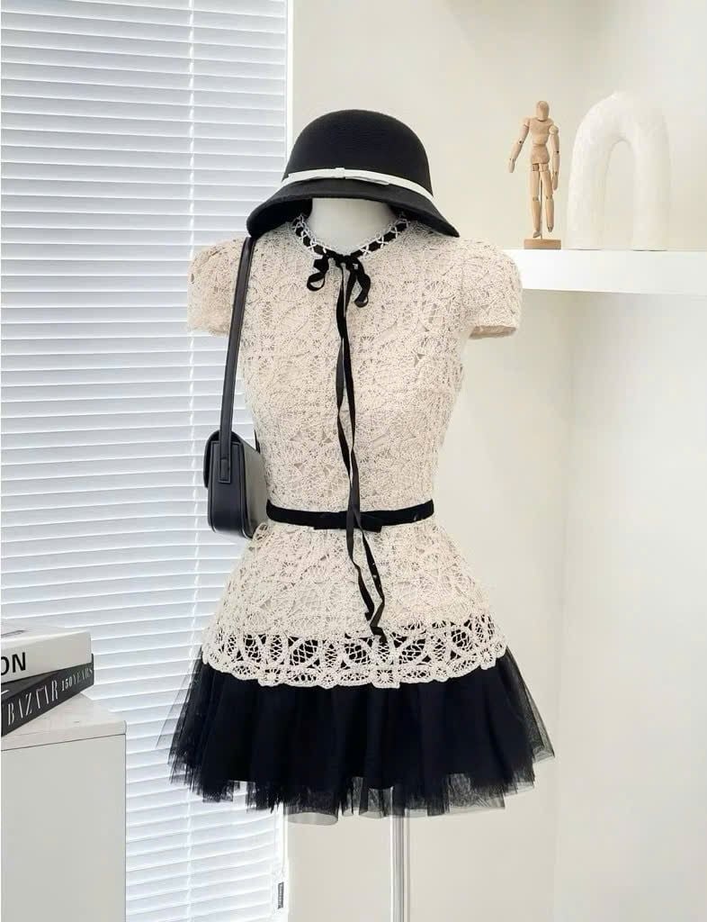 VGU1943 ÁO REN TK CỔ ĐAN DÂY THẮT NƠ (LẺ)