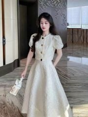 VGU1996 SET ÁO HOA VÂN NỔI TAY PHỒNG - CHÂN VÁY XÒE