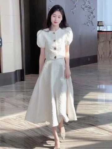 VGU1996 SET ÁO HOA VÂN NỔI TAY PHỒNG - CHÂN VÁY XÒE