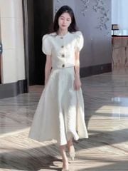 VGU1996 SET ÁO HOA VÂN NỔI TAY PHỒNG - CHÂN VÁY XÒE