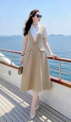 VGU2071 - ĐẦM DÀI CỔ YẾM PHỐI SƠMI TAY NGẮN