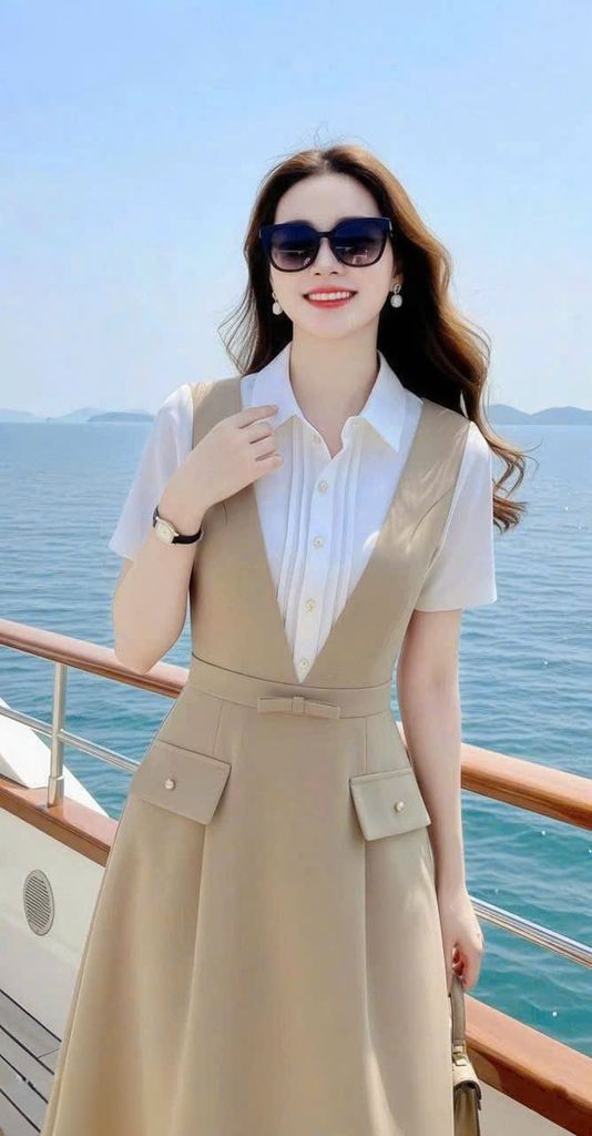 VGU2071 - ĐẦM DÀI CỔ YẾM PHỐI SƠMI TAY NGẮN
