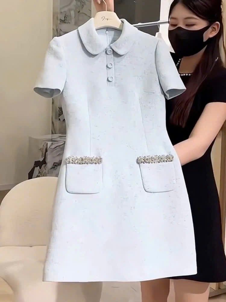 SKY9879 - ĐẦM NGẮN NÚT BỌC - MÀU XANH