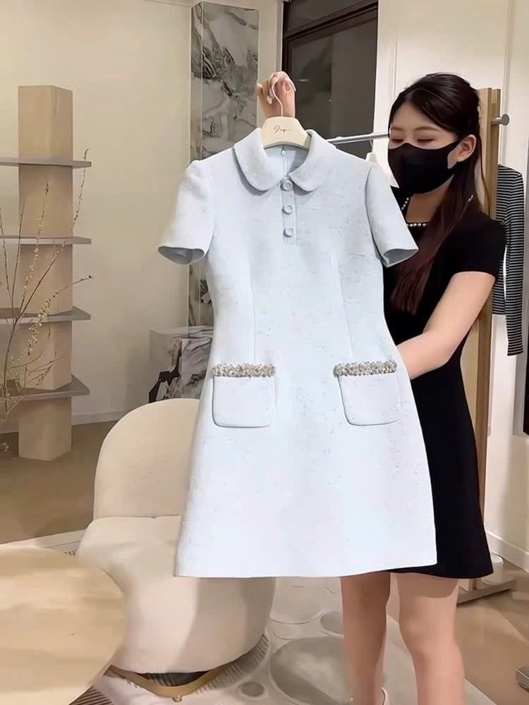 SKY9879 - ĐẦM NGẮN NÚT BỌC - MÀU XANH