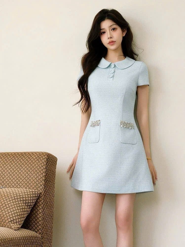 SKY9879 - ĐẦM NGẮN NÚT BỌC - MÀU XANH