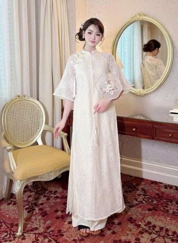 VGU2208 SET ÁO DÀI REN TAY LỠ PHỐI DÂY CHARM CAO CẤP