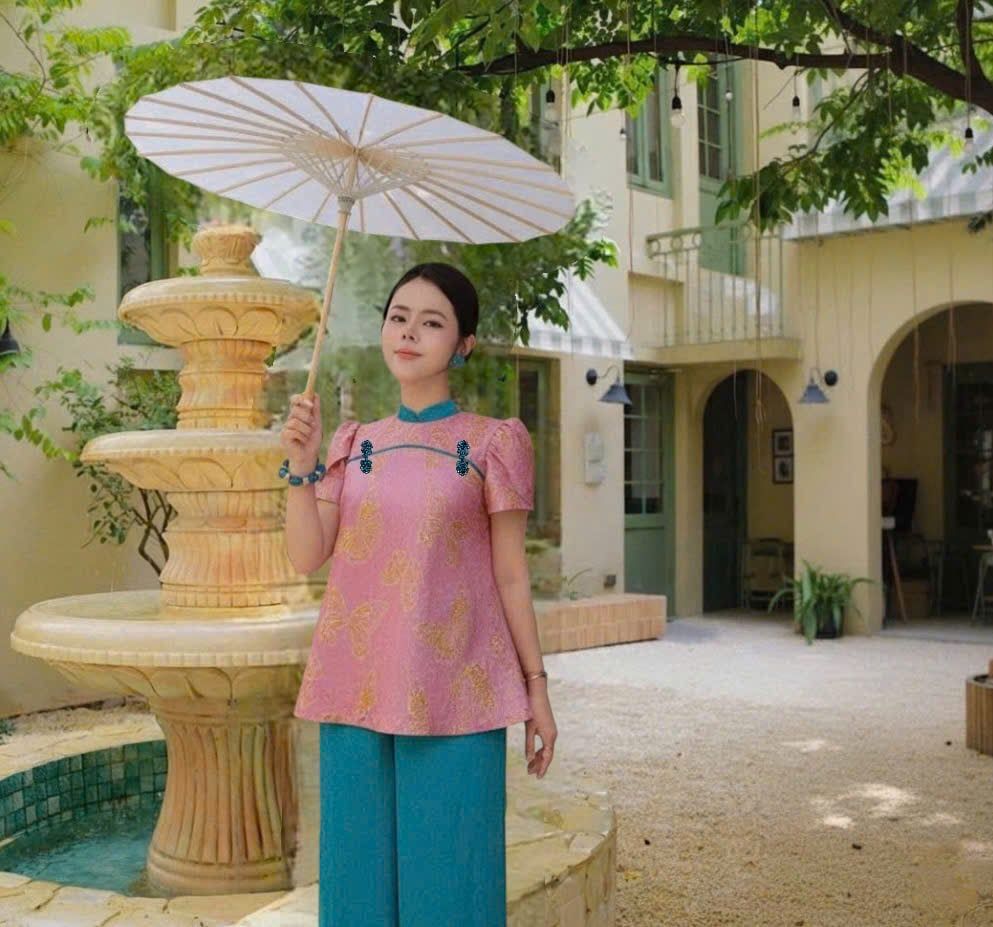 VGU2210 SET ÁO GẤM VÂN NỔI HT BƯỚM - QUẦN XANH