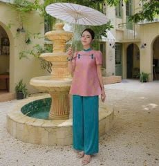 VGU2210 SET ÁO GẤM VÂN NỔI HT BƯỚM - QUẦN XANH