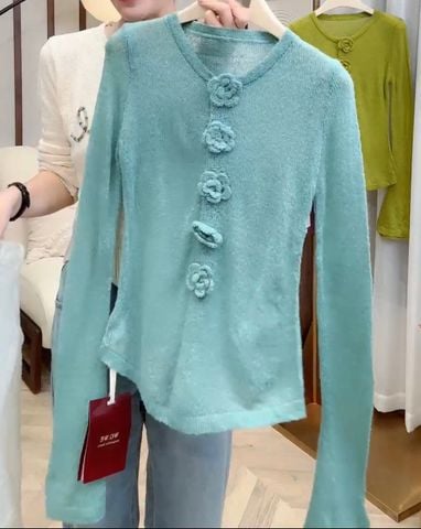 LEN5643 -  LEN MỎNG TAY DÀI  NÚT BẤM HOA 7469 - MÀU XANH LÁ