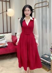 SKY5969 ĐẦM ĐỎ PHỐI CỔ SƠMI TAY PHỒNG