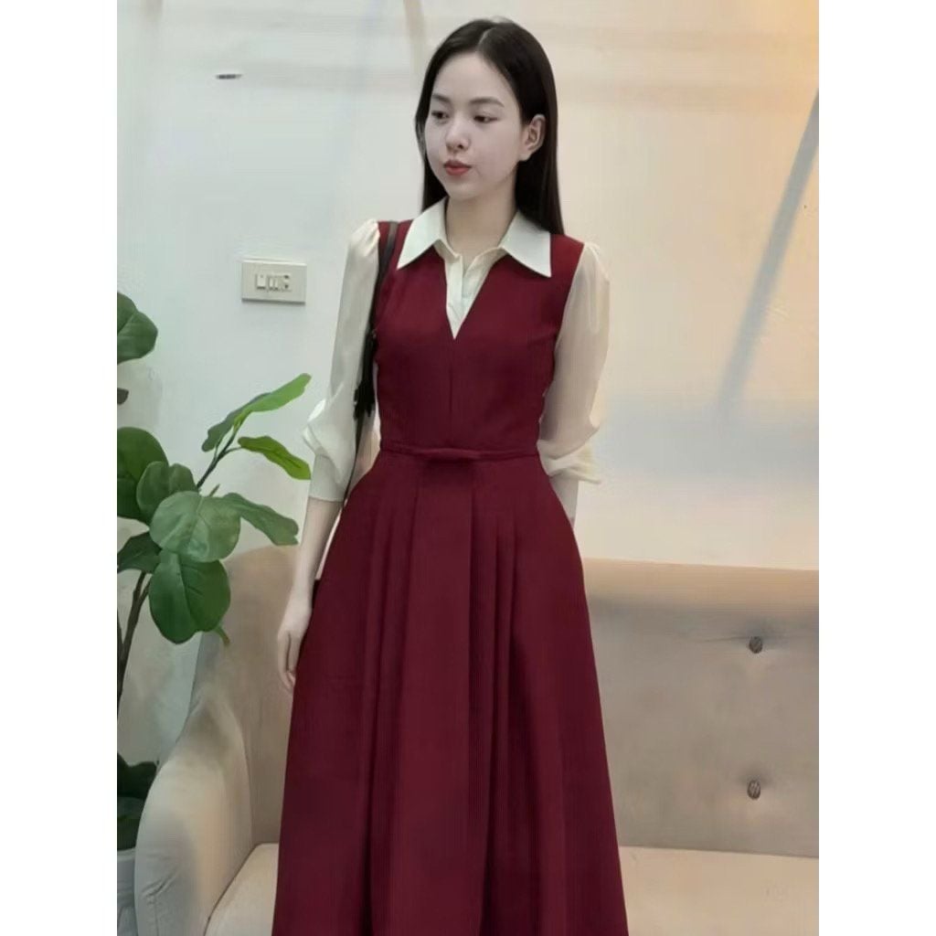 SKY5969 ĐẦM ĐỎ PHỐI CỔ SƠMI TAY PHỒNG