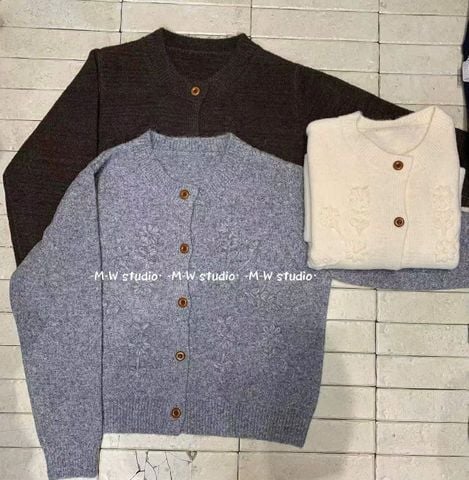 LEN5996 KHOÁC LEN HOA ẨN NÚT GỖ (KEM)