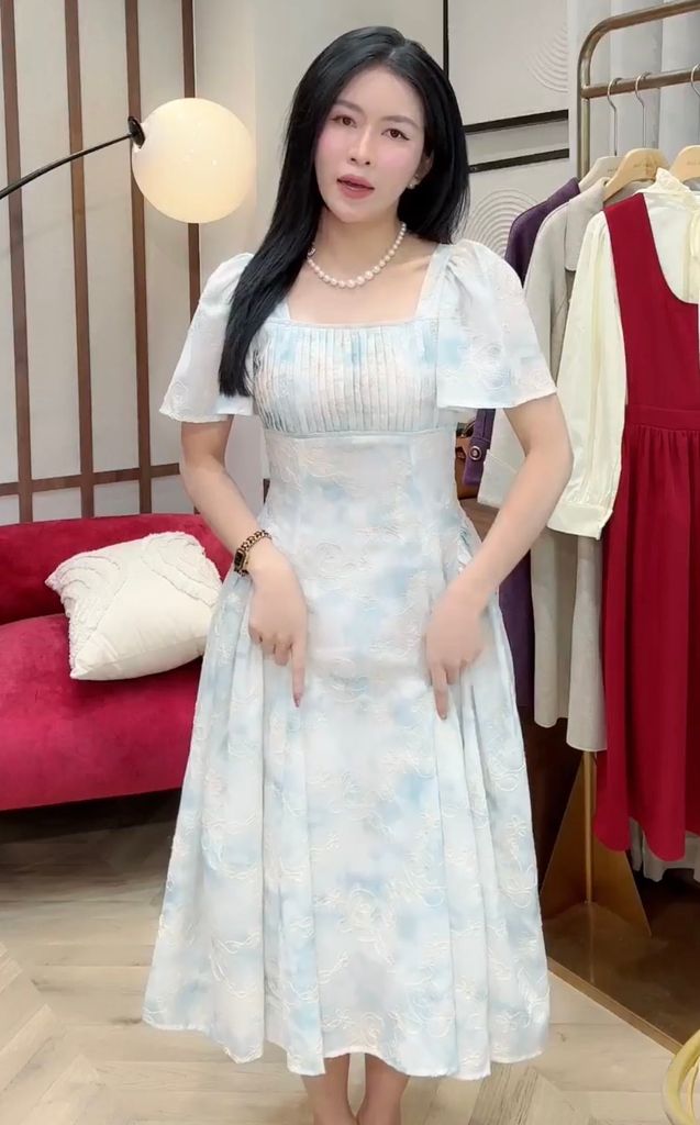 LH009 ĐẦM OMBRE XANH XẾP LI NGỰC