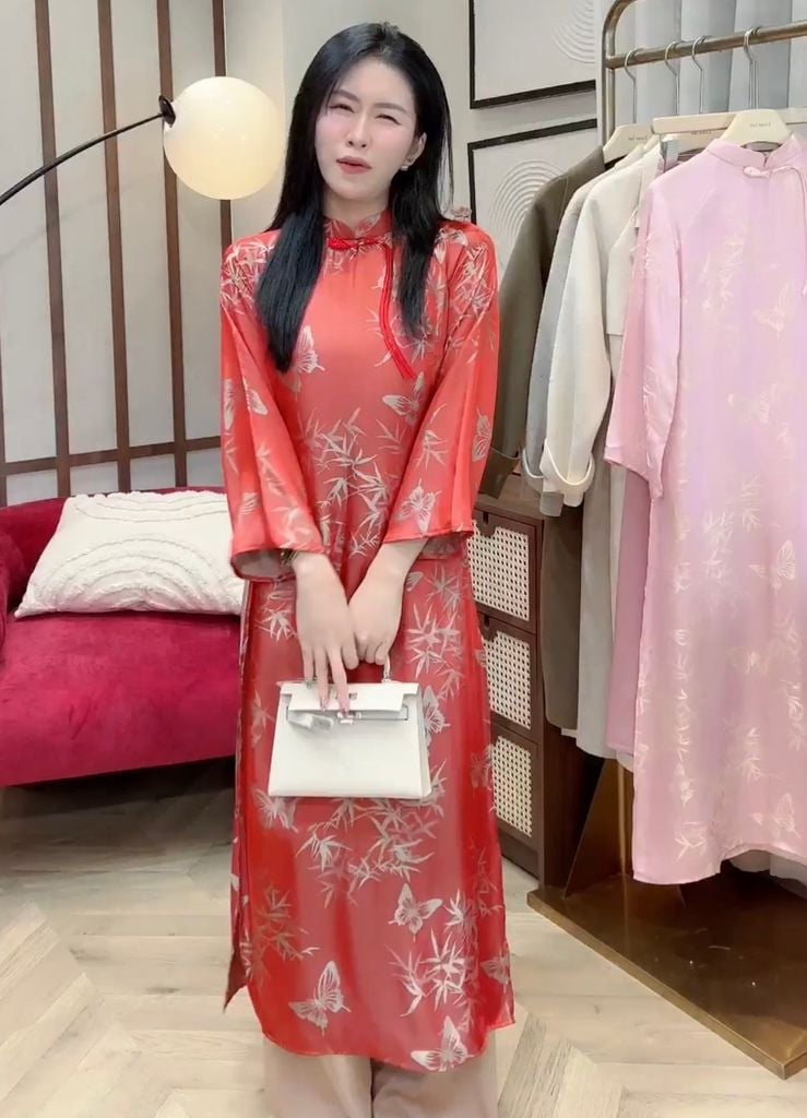 SKY9800 SET ÁO DÀI CAM NÚT TÀU HT BƯỚM - QUẦN DÀI C.CẤP