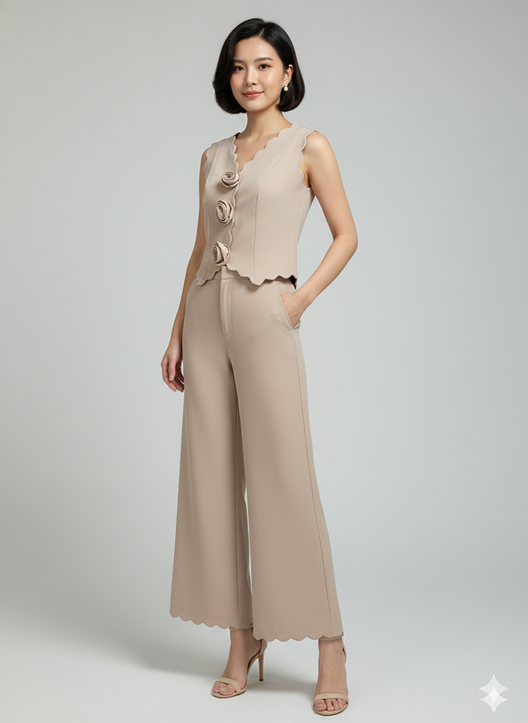 AHA001N SET ÁO TK CẮT LASER ĐÍNH HOA CAO CẤP - QUẦN DÀI (NÂU)