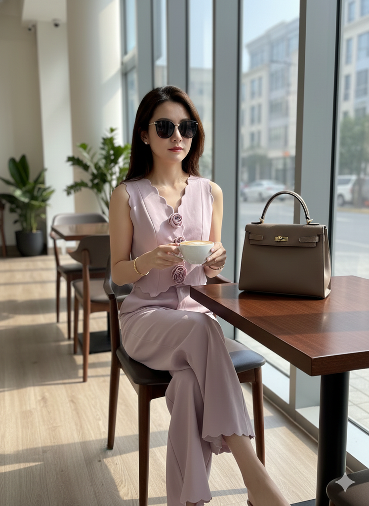 AHA001H SET ÁO TK CẮT LASER ĐÍNH HOA CAO CẤP - QUẦN DÀI (HỒNG)