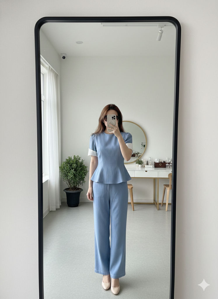 AHA023 SET ÁO PHỐI TAY VIỀN CHỈ NỔI - QUẦN DÀI CAOCAP