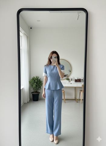 AHA023 SET ÁO PHỐI TAY VIỀN CHỈ NỔI - QUẦN DÀI CAOCAP