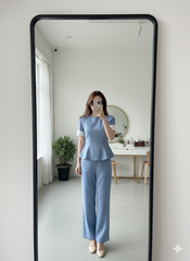 AHA023 SET ÁO PHỐI TAY VIỀN CHỈ NỔI - QUẦN DÀI CAOCAP