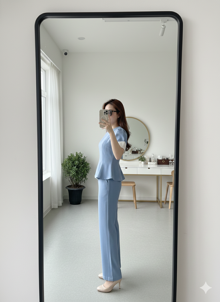 AHA023 SET ÁO PHỐI TAY VIỀN CHỈ NỔI - QUẦN DÀI CAOCAP