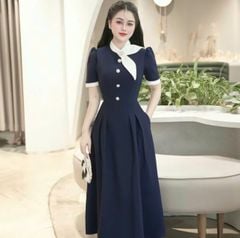 VGU0761 ĐẦM DÀI CỔ SƠ MI ĐÍNH NÚT (XANH ĐEN )