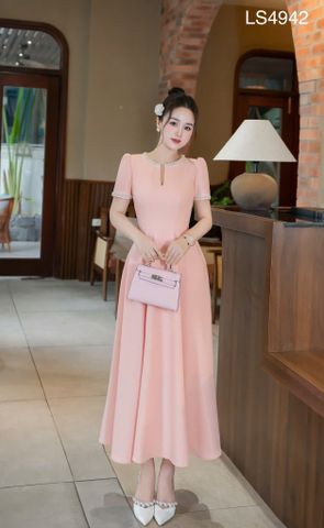 VGU0763 ĐẦM DÀI  CỔ ĐÍNH ĐÁ  ( HỒNG )