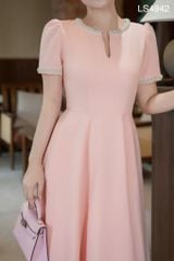 VGU0763 ĐẦM DÀI  CỔ ĐÍNH ĐÁ  ( HỒNG )