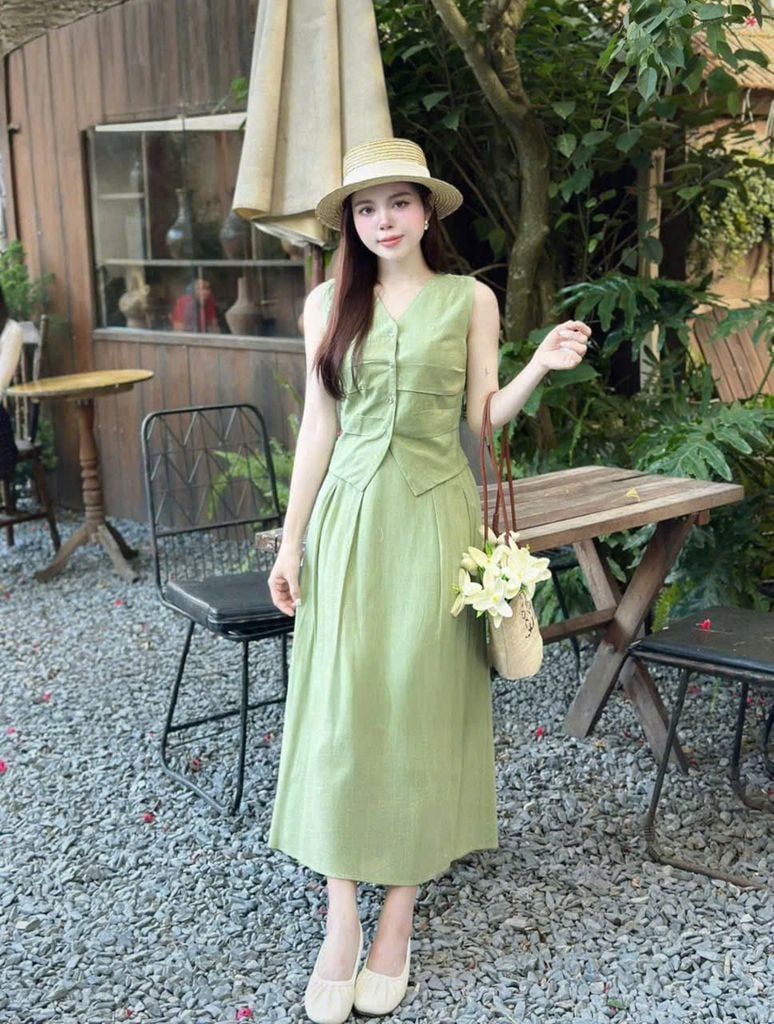 SKY8703  SET ÁO + CV DÀI ( XANH LÁ )