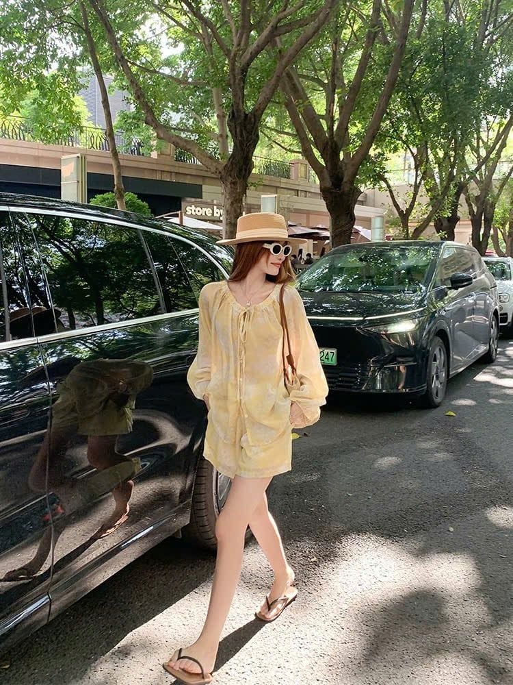 TB8730 SET ÁO TAY DÀI + QUẦN SHORT (HOA VÀNG )