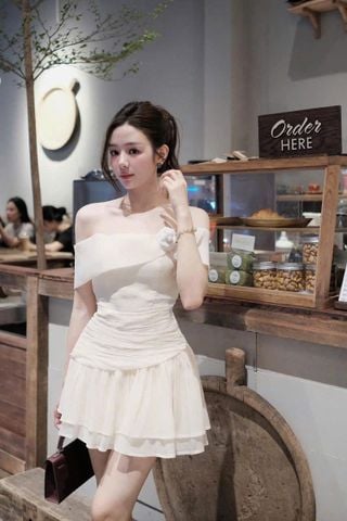 TB8744  ĐẦM LỆCH VAI ĐÍNH HOA(KEM)