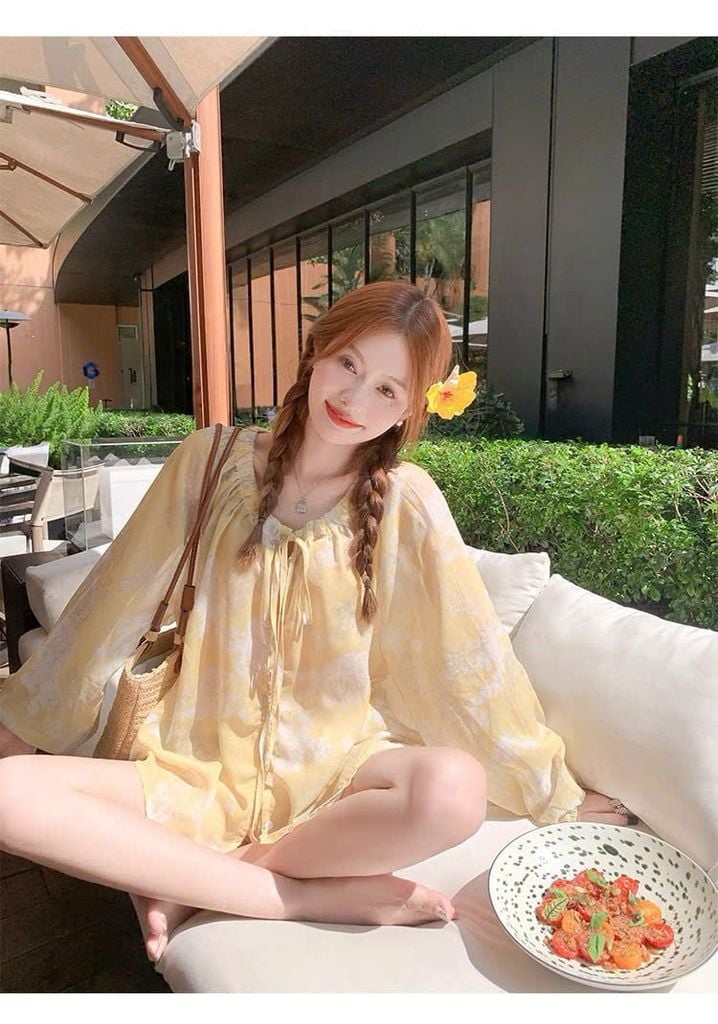 TB8730 SET ÁO TAY DÀI + QUẦN SHORT (HOA VÀNG )