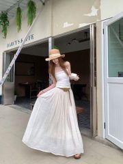 LEN3806 Chân váy đũi + Đai (Kem) 6217