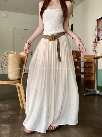 LEN3806 Chân váy đũi + Đai (Kem) 6217