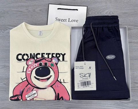 SKY8975 SET ÁO THUN GẤU DÂU + QUẦN SHORT ( XANH ĐEN )