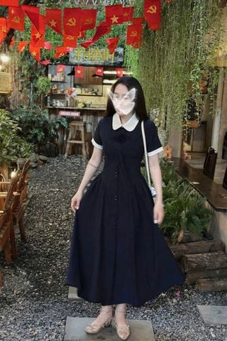 SKY8945 ĐẦM DÀI ĐÍNH NƠ CỔ (XANH ĐEN )