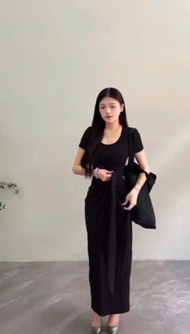 VGU1120 ĐẦM BODY KÈM DÂY CỘT XOẮN EO (ĐEN)
