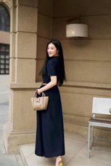 SKY9002 ĐẦM SƠ MI CỔ SẺ V KÈM NỊT (XANH ĐEN )