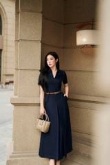 SKY9002 ĐẦM SƠ MI CỔ SẺ V KÈM NỊT (XANH ĐEN )