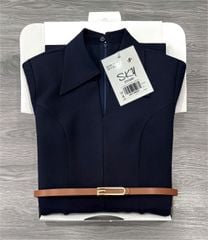 SKY9002 ĐẦM SƠ MI CỔ SẺ V KÈM NỊT (XANH ĐEN )