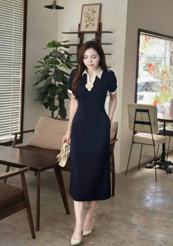 TB5809 ĐẦM CỔ SƠ MI ĐÍNH HOA (XANH )