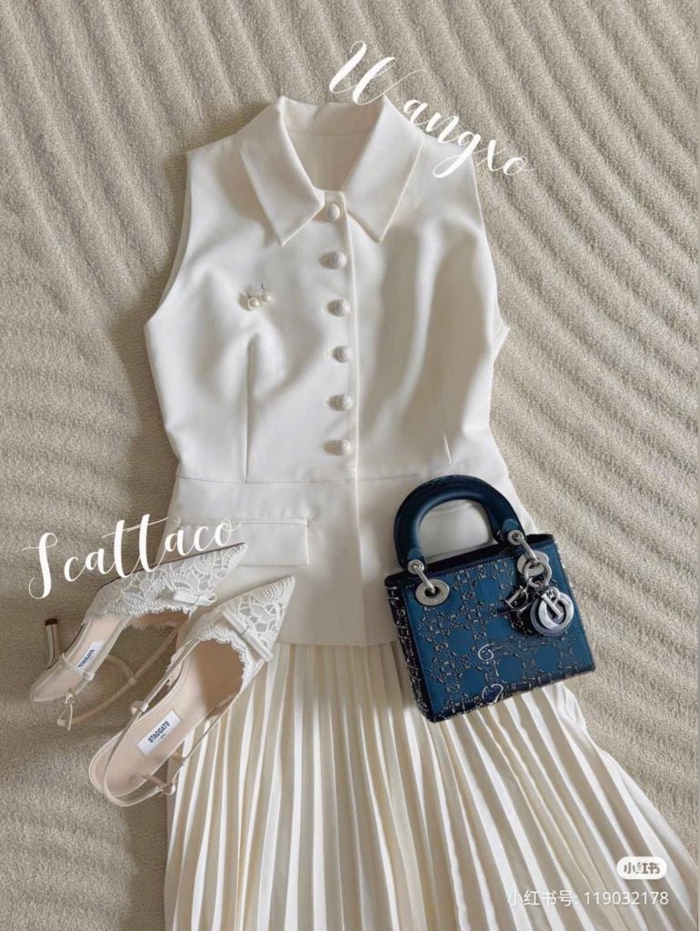 VGU1143 SET ÁO + CV DÀI XẾP LY KÈM NỊT