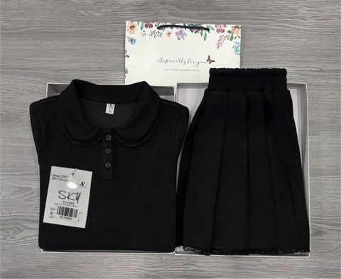 SKY9186 SET THUN ÁO CỔ SEN, CV XẾP LI NGẮN (ĐEN)