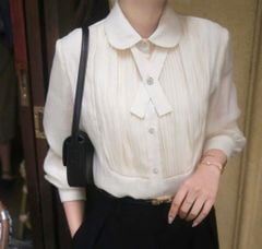 TB9193 SET SƠMI XẾP LI NGỰC NÚT ĐÁ - QUẦN TÂY (KEM)