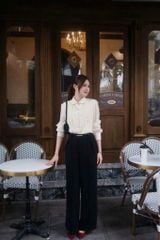 TB9193 SET SƠMI XẾP LI NGỰC NÚT ĐÁ - QUẦN TÂY (KEM)