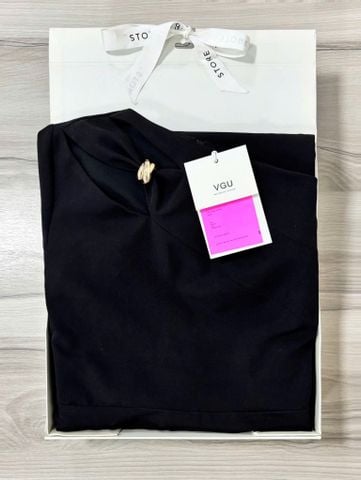 VGU1428 ĐẦM DÀI LỆCH VAI PHỐI TAG (ĐEN)