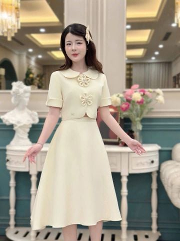 VGU1454 SET ÁO CỔ SEN KẾT HOA - CHÂN VÁY KEM
